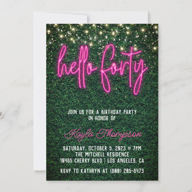 Neon Hello 40.ª Invitación a la fiesta de cumpleañ (Reverso)