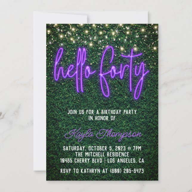 Neon Hello 40.ª Invitación a la fiesta de cumpleañ (Reverso)