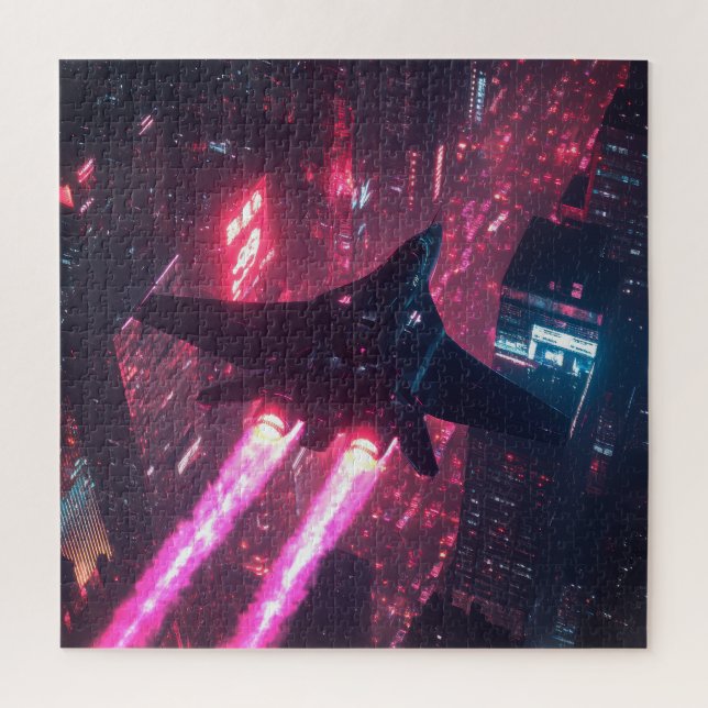 Neon Jet Over Cyberpunk City - Rompecabezas de Cie (Vertical)