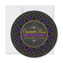 Neon Mandala Groovy Bat Mitzvah Invitación redonda