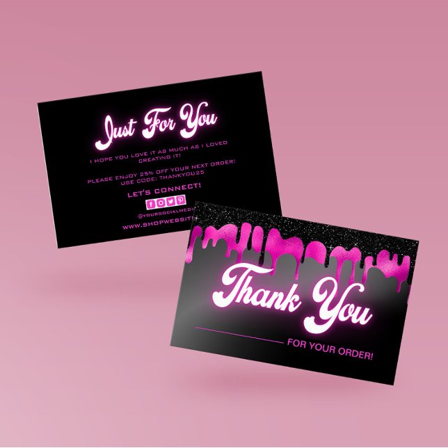 Neon Pink Black dripping purpurina tarjeta de agra (Gorgeous Black and Pink Dripping Liquid Thank You Cards For Your Beauty Business! )