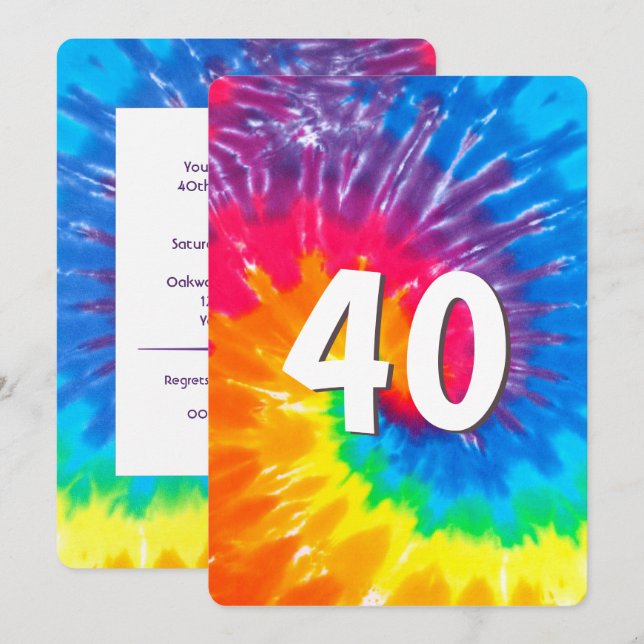 Neon Rainbow Tie Dye 40 cumpleaños invitación (Anverso / Reverso)