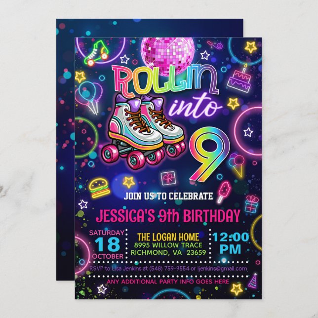 Neon Roller Skate Novena Invitación de Cumpleaños (Anverso / Reverso)