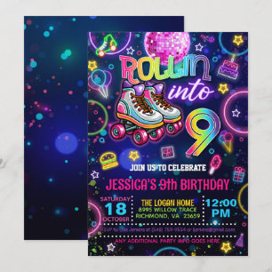 Neon Roller Skate Novena Invitación de Cumpleaños