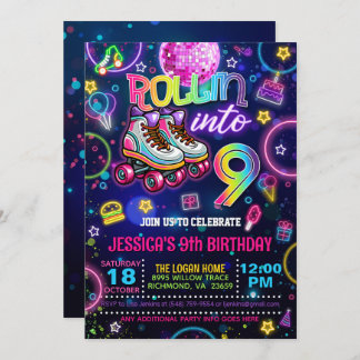 Neon Roller Skate Novena Invitación de Cumpleaños