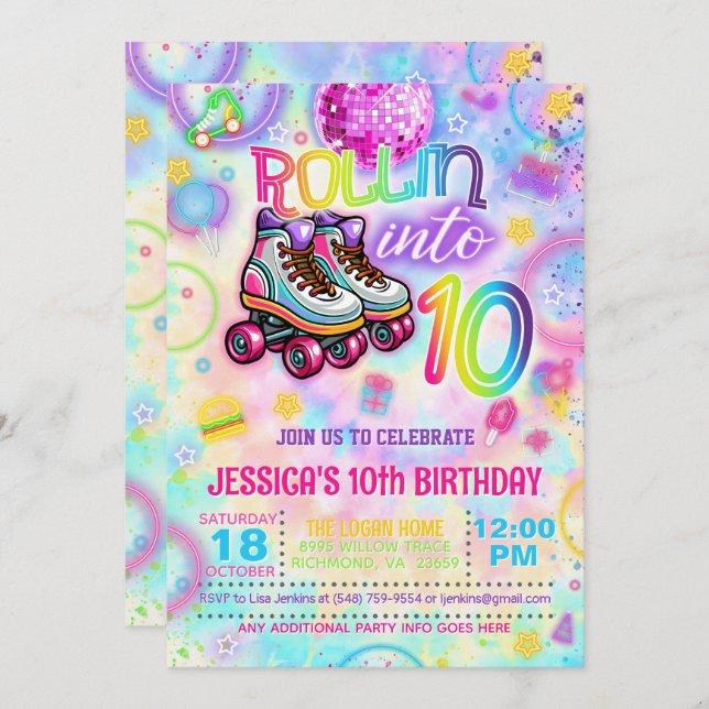 Neon Roller Tie Dye Skate Invitación a los 10 años (Anverso / Reverso)