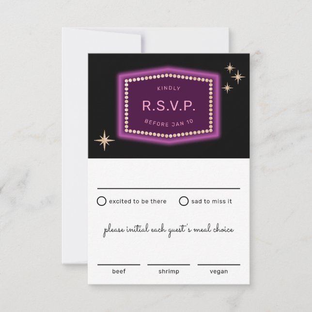 Neon Rótulo Vegas Wedding RSVP con opciones de com (Anverso)