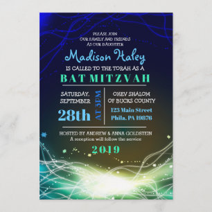 Neon Stars Bar Mitzvah Invitación azul