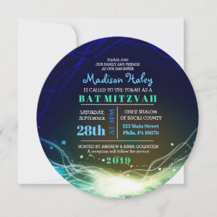 Neon Stars Bar Mitzvah Invitación azul