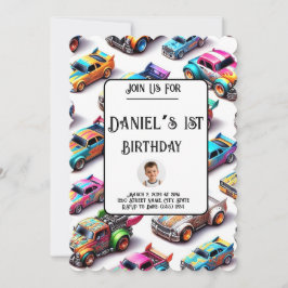 Neon Toy Car Tema Invitación al primer cumpleaños