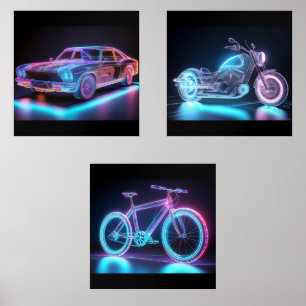 Neon Wireframe Vehículo Art - Diseño Futurista Set
