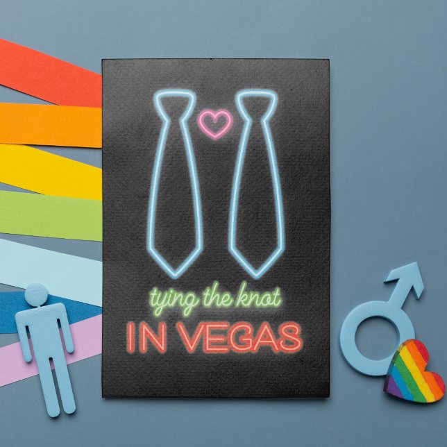 NeonTying the Knot in Vegas Gay Wedding Invitación (Featuring fabulous faux neon lights in two neck ties and a heart. Ideal for a wild Las Vegas wedding)