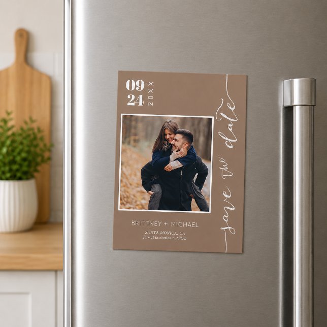 Neutral Beige Foto Anuncio de Compromiso (Chic neutral beige photo save the date featuring elegant handwritten script magnet)