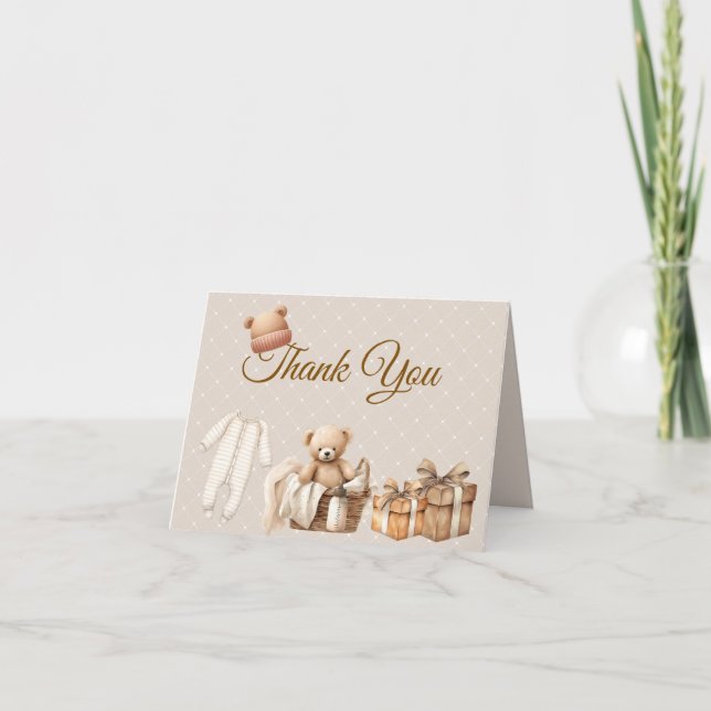 Neutral Brown Teddy Bear Baby Shower Thank You (Anverso)