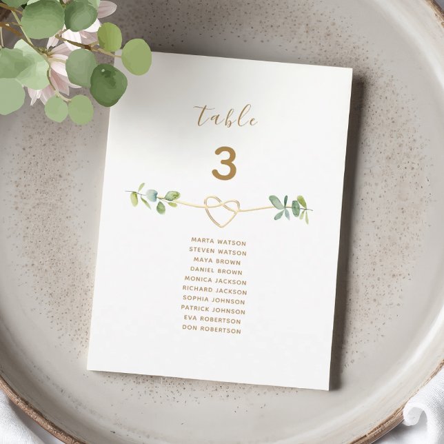 Neutral Greenery Gold Heart Wedding Seating Chart (Subido por el creador)