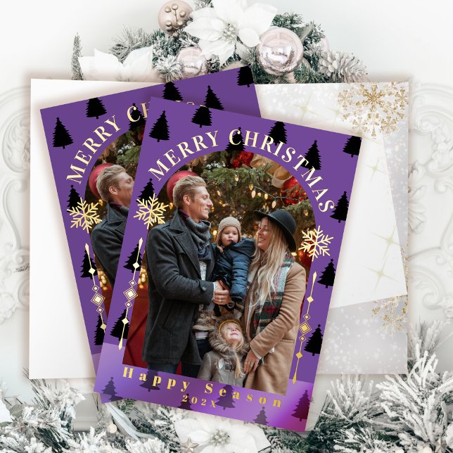 Nevada de árbol de navidad de Feliz Flave foto mor (Merry Christmas Tree Snow Flakes Purple Photo Foil Greeting Card)