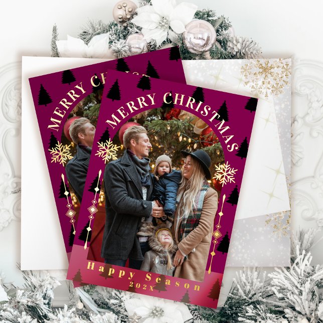 Nevada de árbol de navidad de Feliz, foto roja (Merry Christmas Tree Snow Flakes Red Photo Foil Greeting Card)