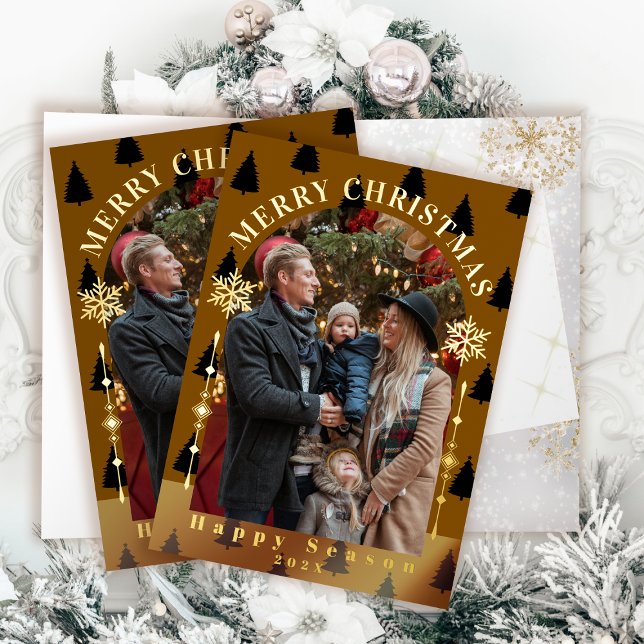 Nevada de árbol de navidad Feliz Flave Foto marrón (Merry Christmas Tree Snow Flakes Brown Photo Foil Greeting Card)