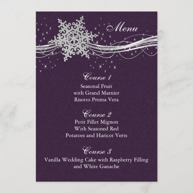 nevadas de plata morada Tarjetas de menú de boda d (Anverso)