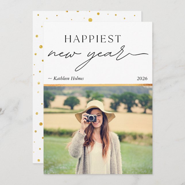New Year Gold Photo Simple Holiday Card (Anverso / Reverso)