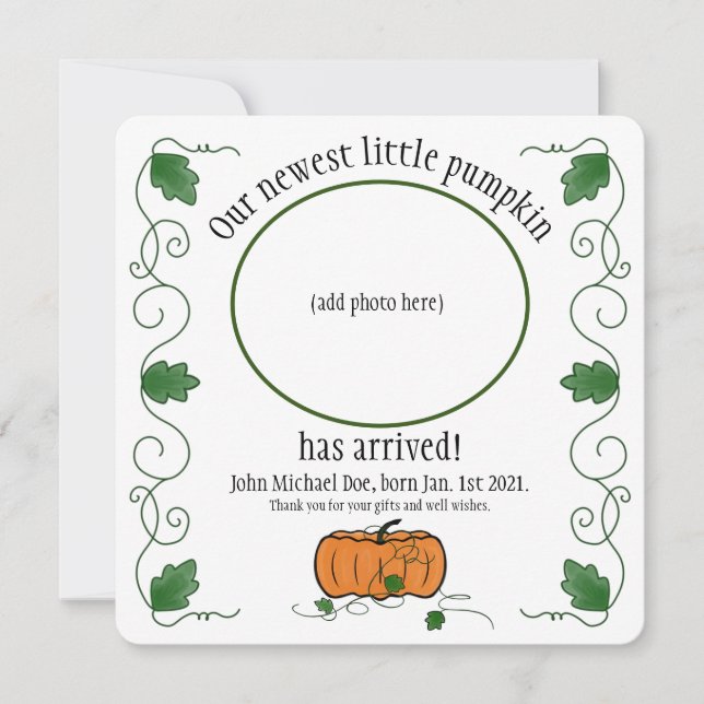 Newest Little Pumpkin Birth Announcement Thank You (Anverso)