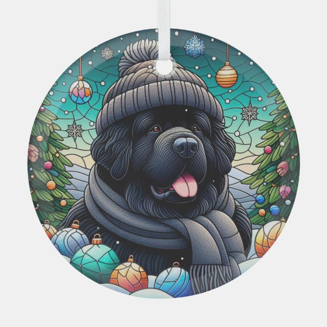 Newfie en ornamento redondo de vidrio de Beanie (Anverso)