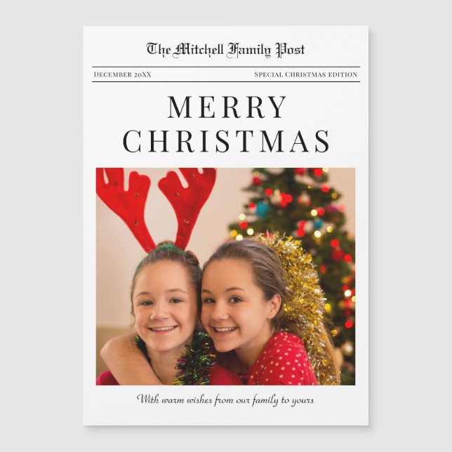 Newspaper Merry Christmas magnetic holiday card (Anverso)