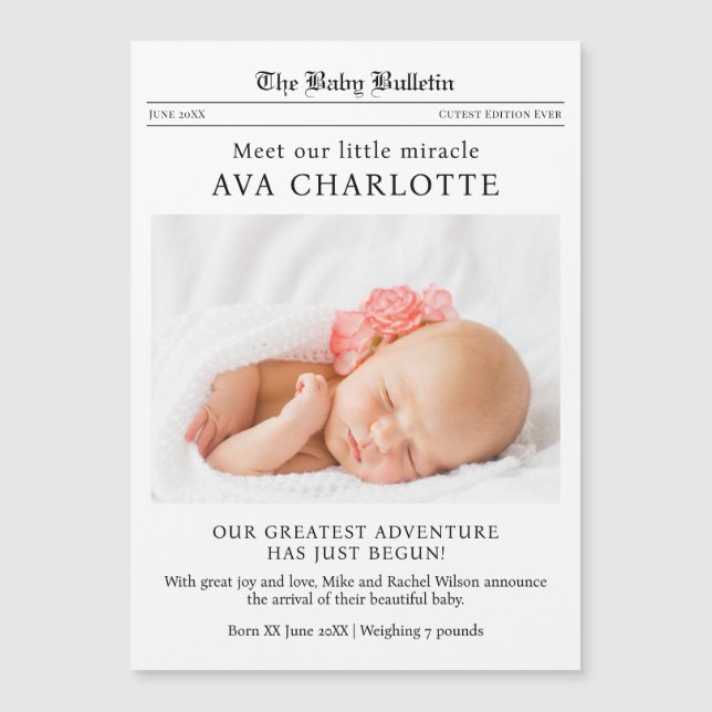 Newspaper Newborn Baby Announcement Magnetic Card (Anverso)