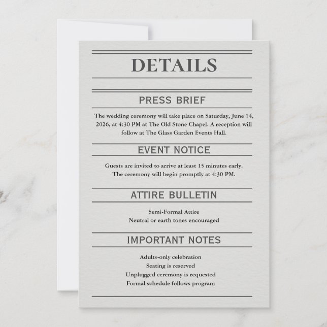 Newspaper-Style Wedding Details Card (Anverso)