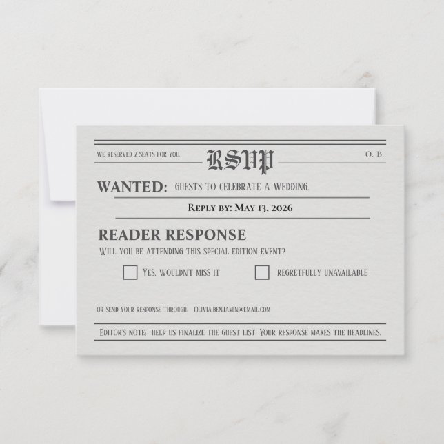 Newspaper-Style Wedding RSVP Response card (Anverso)