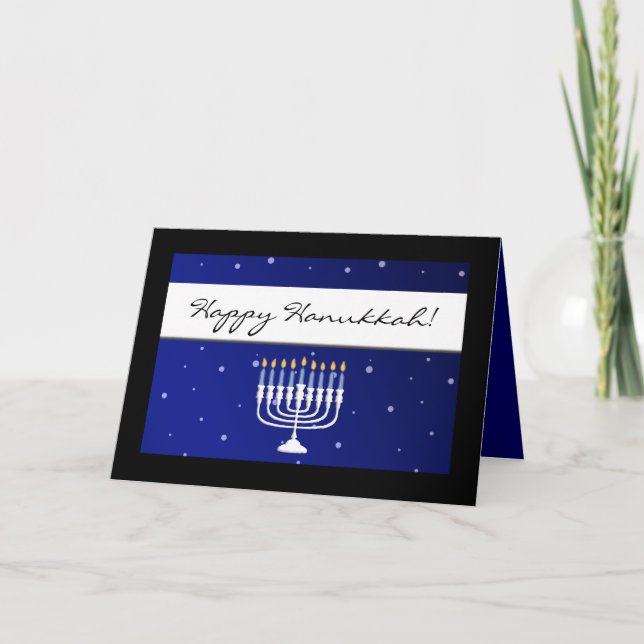 Nieve azul y blanca Menorah Tarjetas Hanukkah Happ (Anverso)