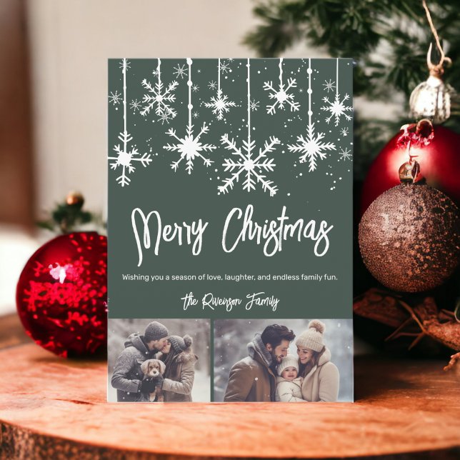 Nieve blanca elegante navidad verde navidad 2 foto (White snow elegant green merry christmas 2 photos holiday card)