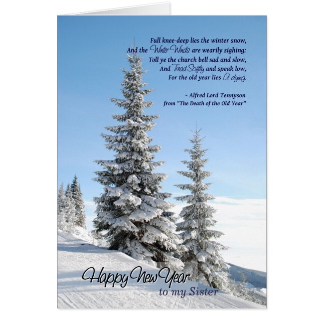 Nieve de Año Nuevo sobre coníferas para poema de H (Frente)