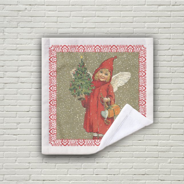 Nieve del árbol de navidad del Cabo Rojo del Ángel (Little Victorian angel red cape, Christmas tree in red frame on tan with snowflakes on wash cloth.)