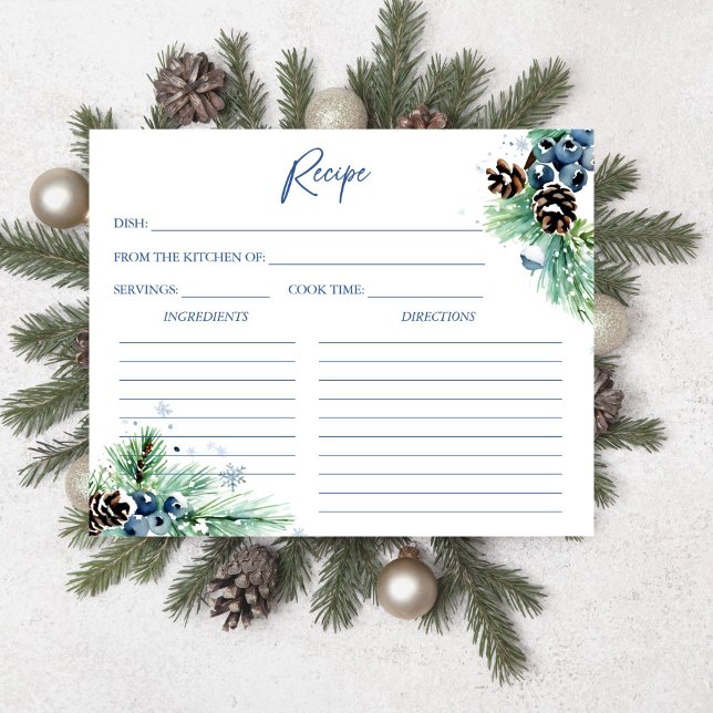 Nieve en el amor tarjeta de receta de ducha de nov (Snow in love winter bridal shower recipe card snowy pines with pine cones and winter berries)