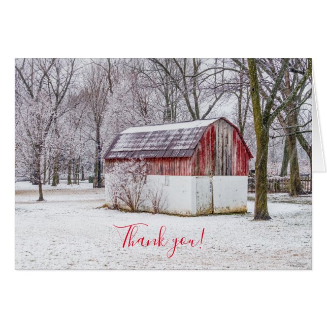 Nieve en el Red Barn Gracias Notecard (Anverso (Horizontal))