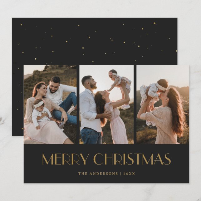 Nieve negra y dorada 3 fotos Feliz Navidad (Anverso / Reverso)