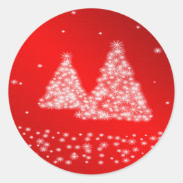Nieve y árboles de Navidad Pegatina de fondo rojo