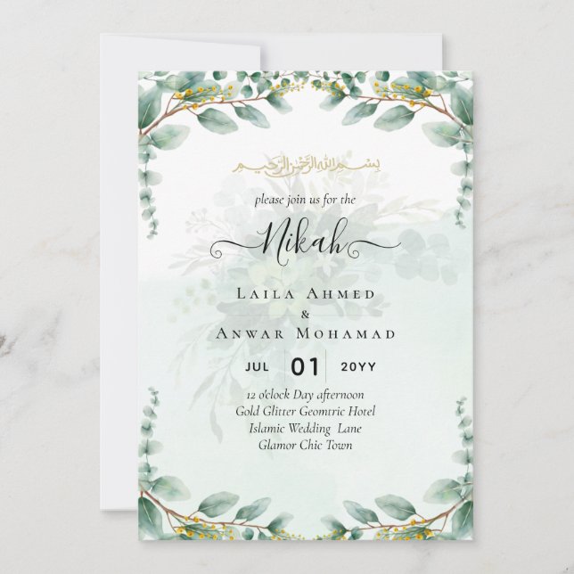 NIKAH Greenery Wedding Invitaciones al oro moderno (Anverso)