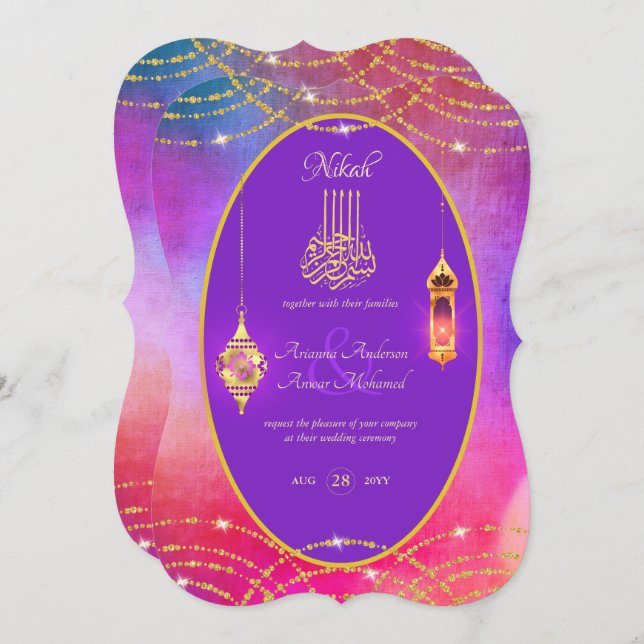 NIKAH - Invitación a la Boda de Oro Púrpura Ornate (Anverso / Reverso)