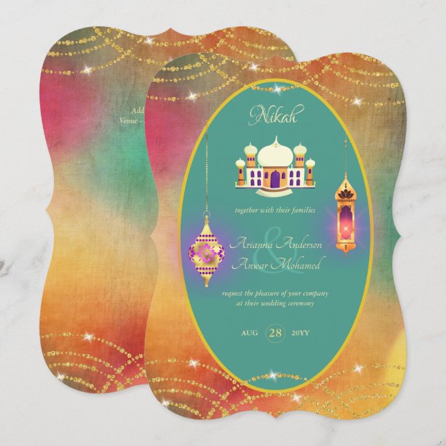 NIKAH - Invitación a la Boda de Oro Verde azulada  (Anverso / Reverso)