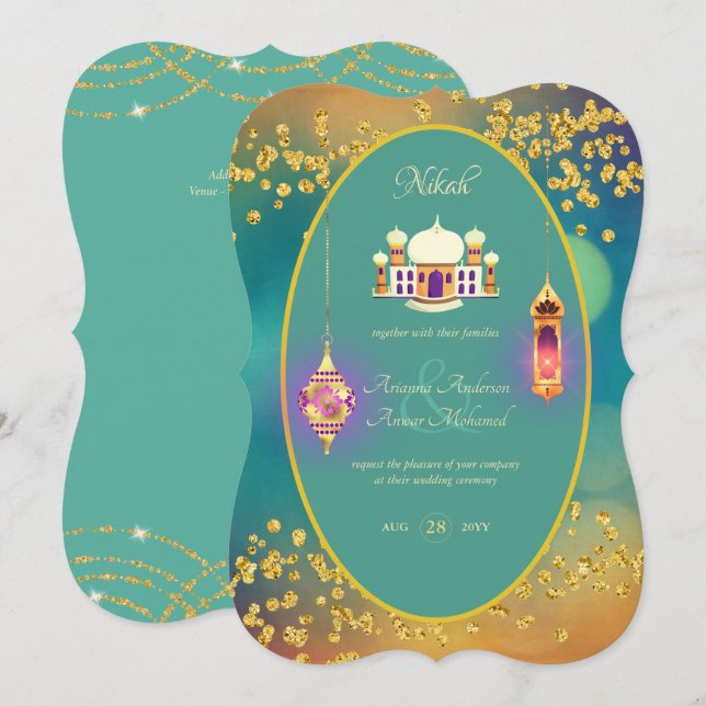 NIKAH - Invitación a la Boda de Oro Verde azulada  (Anverso / Reverso)