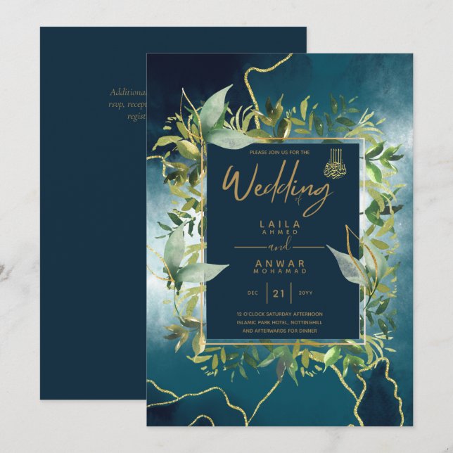 NIKAH - Invitaciones a la Boda Islámica de Oro Azu (Anverso / Reverso)