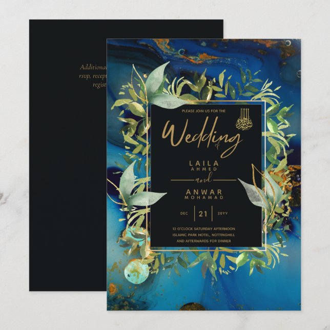 NIKAH - Invitaciones a la Boda Islámica de Oro Azu (Anverso / Reverso)