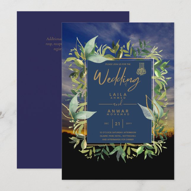 NIKAH - Invitaciones a la Boda Islámica de Oro Azu (Anverso / Reverso)