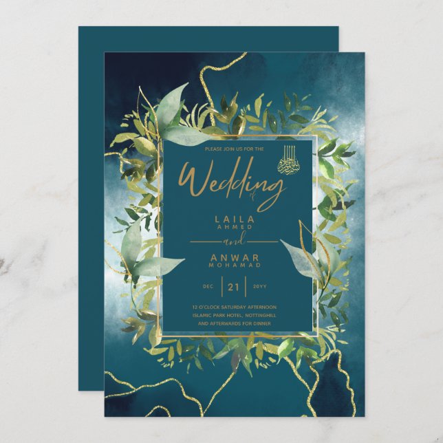 NIKAH - Invitaciones a la Boda Islámica de Oro Azu (Anverso / Reverso)
