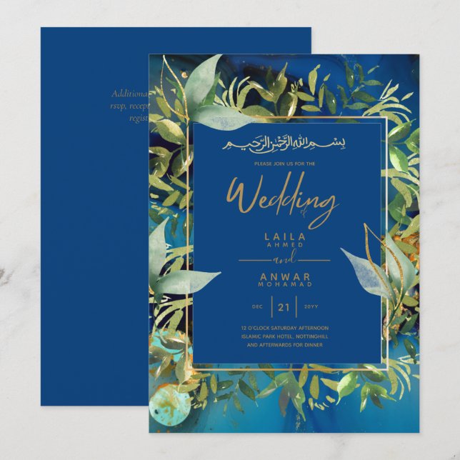 NIKAH - Invitaciones a la Boda Islámica de Oro Azu (Anverso / Reverso)