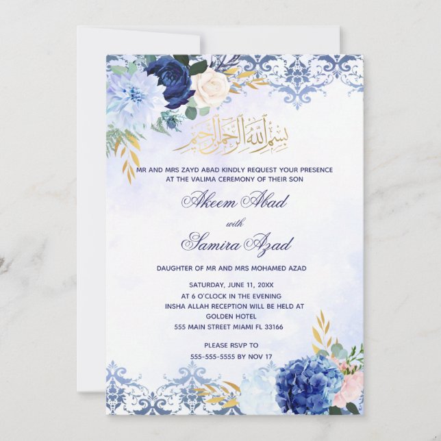 Nikah o Valima Ceremony Invitación al oro azul (Anverso)