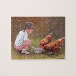 Niña alimentando pollos rompecabezas de arte origi