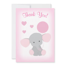 Niña Bebé Ducha Gracias Tarjeta Elefante Gris Rosa